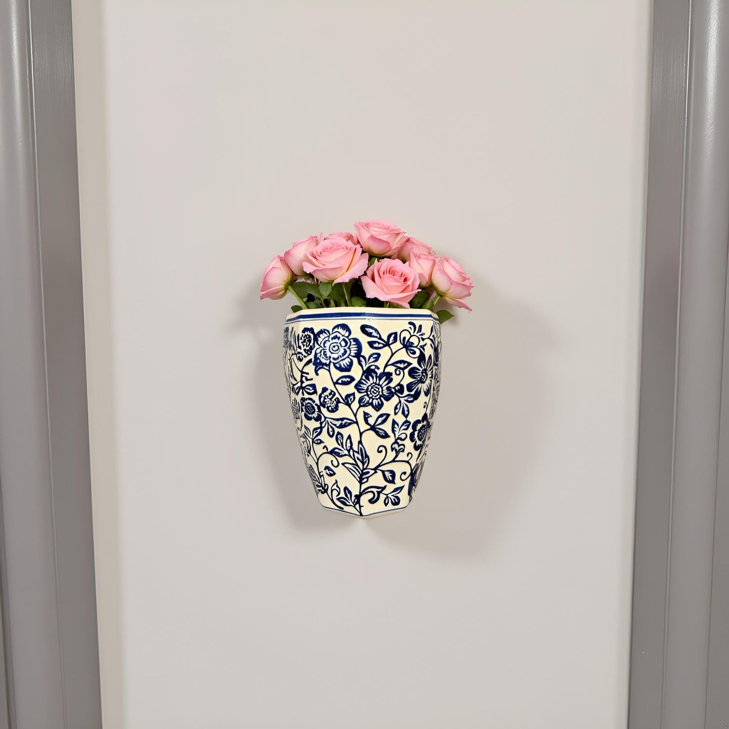 Oriental Blue & White Ceramic Wall Vase – Handcrafted Floral Wall Décor