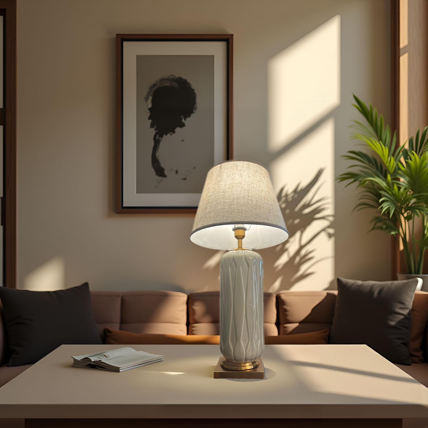 Elegant Ceramic & Brass Table Lamp – Tall Modern Bedside Lighting