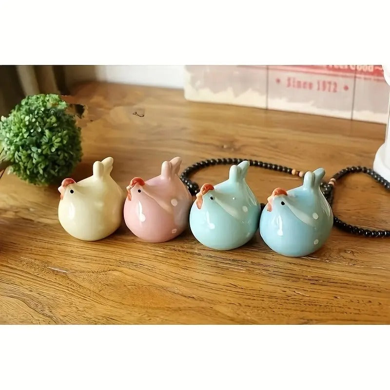 Colorful Rooster & Hen Ceramic Figurine | Set of 4 | SMALL