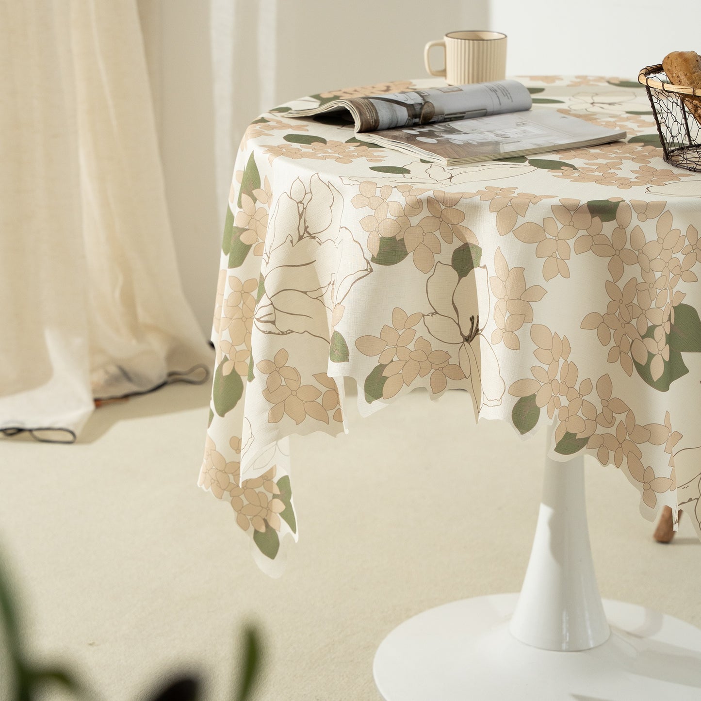 Soft Cotton Dining Tablecloth with Beige & Green Leaf Print