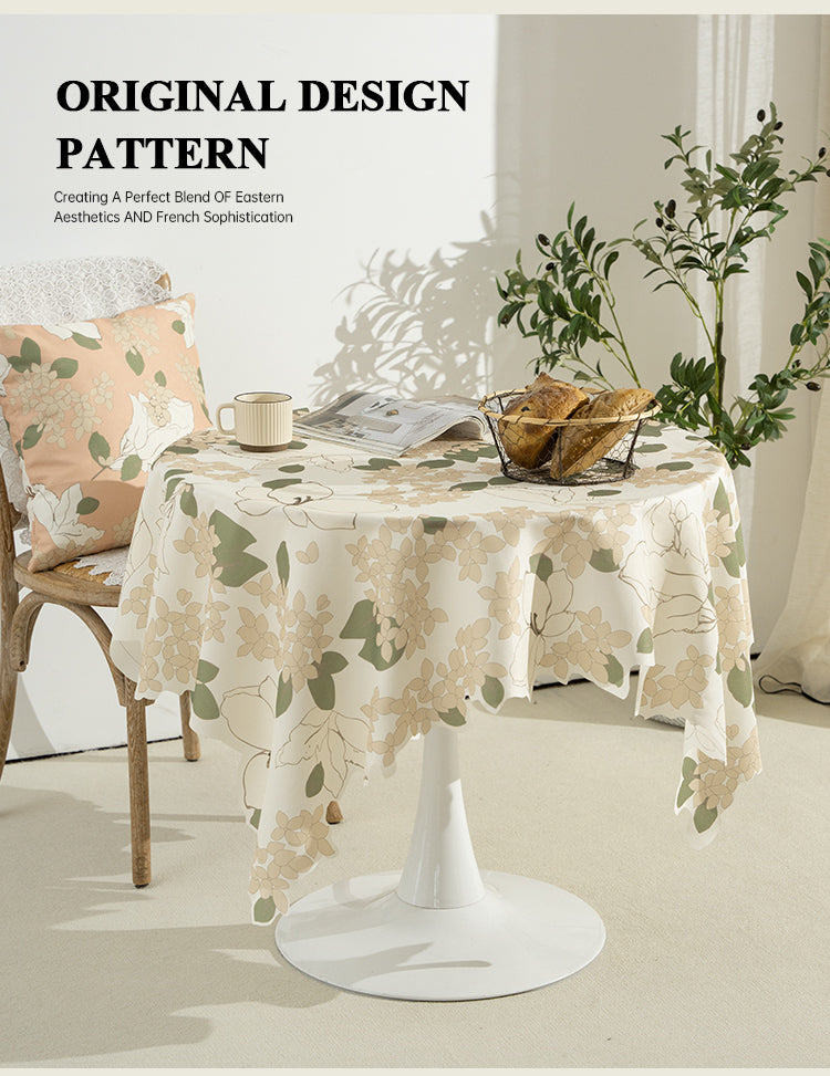 Soft Cotton Dining Tablecloth with Beige & Green Leaf Print