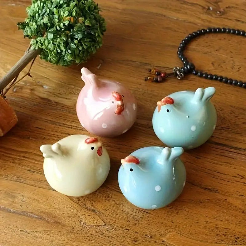 Colorful Rooster & Hen Ceramic Figurine | Set of 4 | SMALL