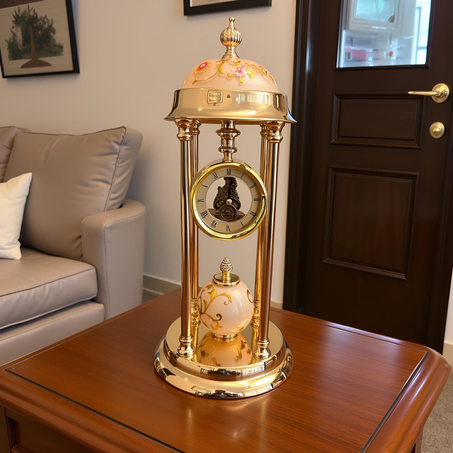 Golden Table Clock with Peach Enamel Floral Design