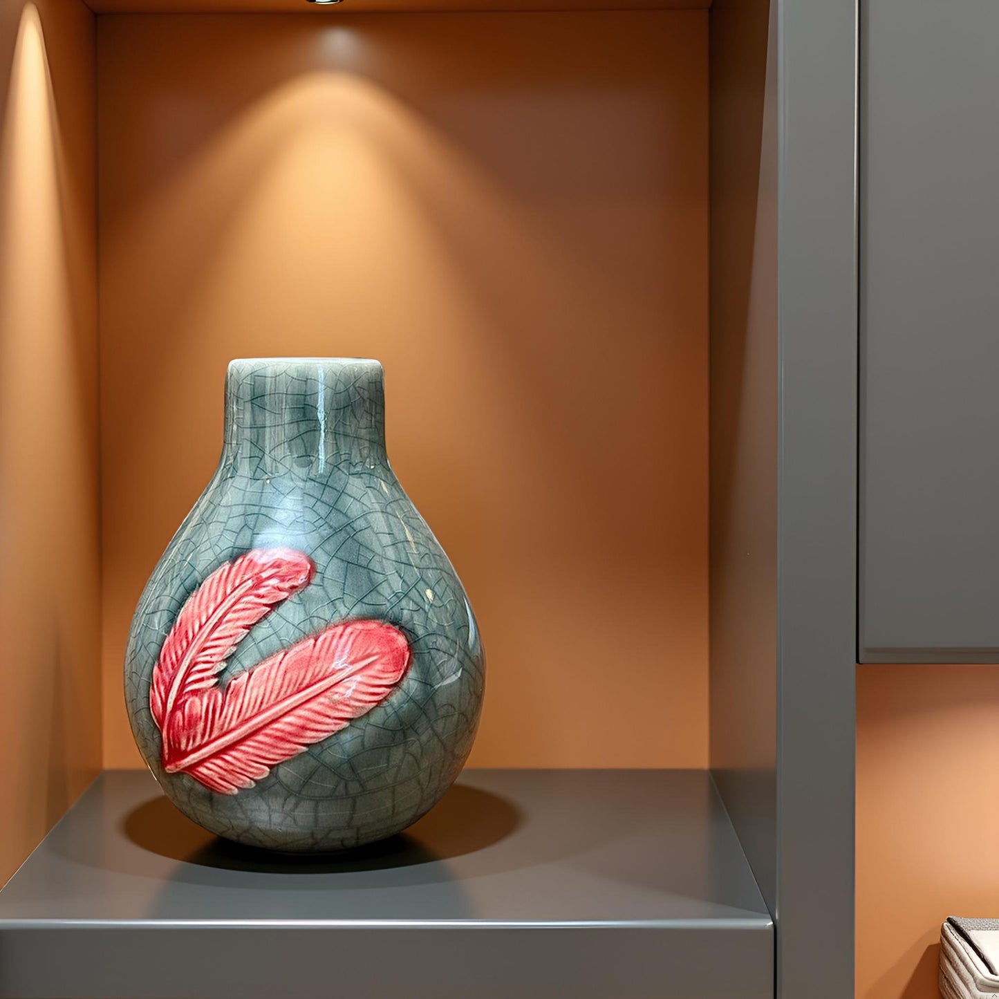 Elegant Ceramic Vase with Red Feather Motif