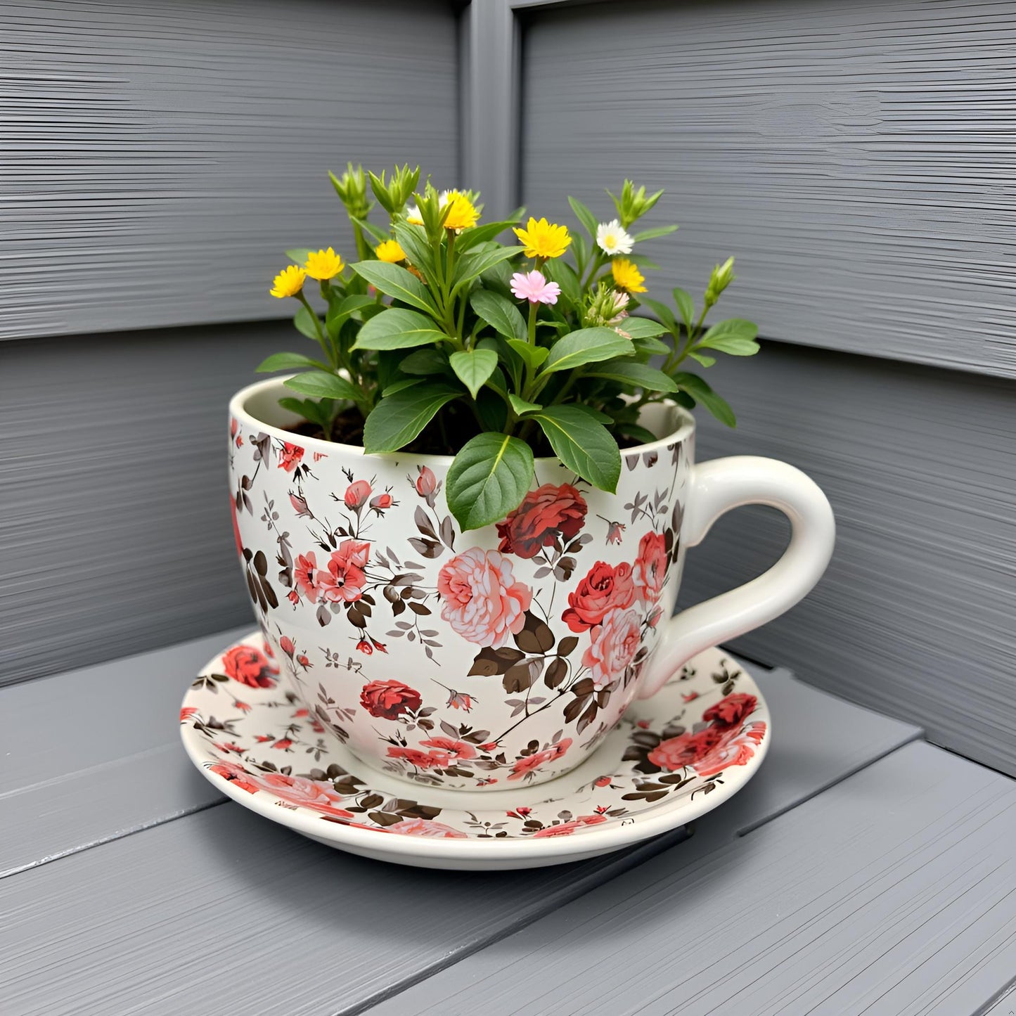 Decorative Oversized Floral Cup and Saucer Style – Ceramic Planter