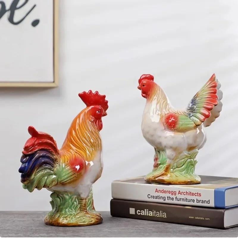 Ceramic Rooster & Hen Figurine - Set of 2 pieces (Big)