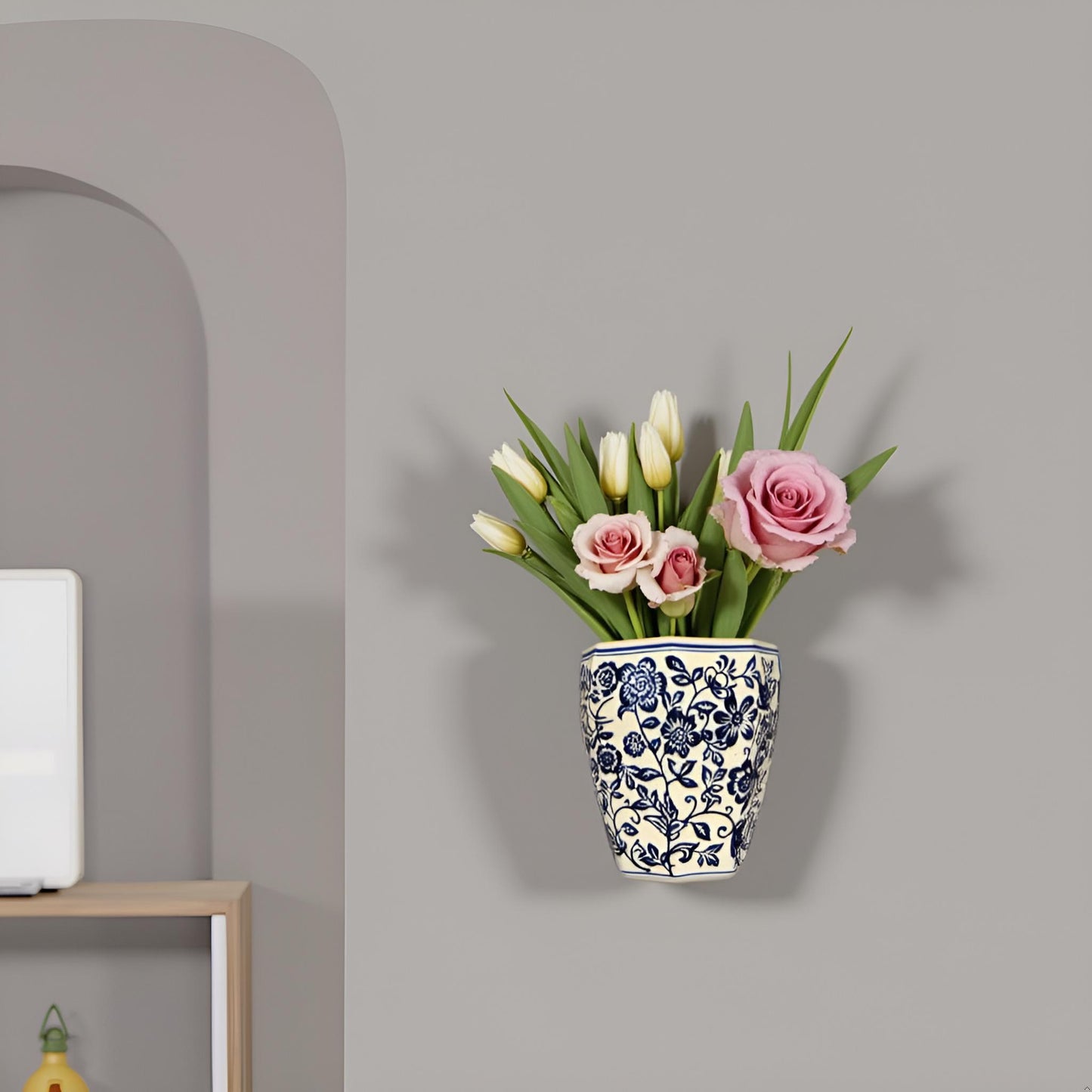 Oriental Blue & White Ceramic Wall Vase – Handcrafted Floral Wall Décor