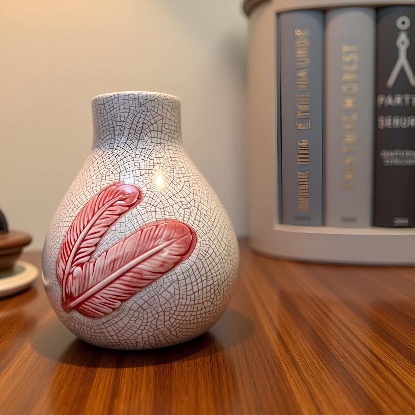 Elegant Ceramic Vase with Red Feather Motif