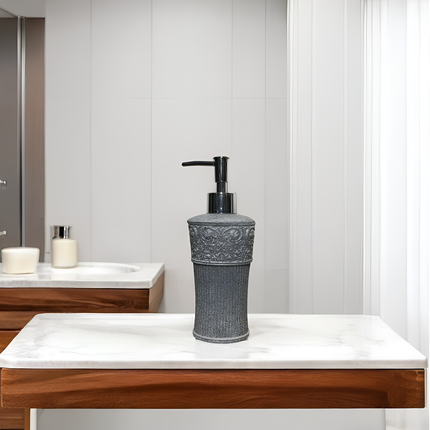 Textured Grey Resin Soap Dispenser with Chrome Pump