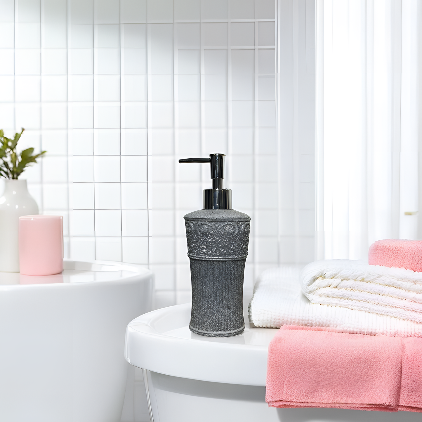 Textured Grey Resin Soap Dispenser with Chrome Pump