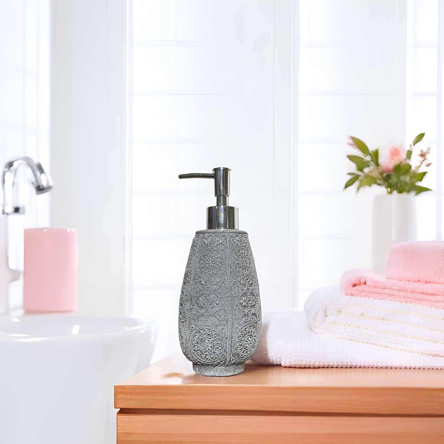 Textured Grey Resin Soap Dispenser with Chrome Pump