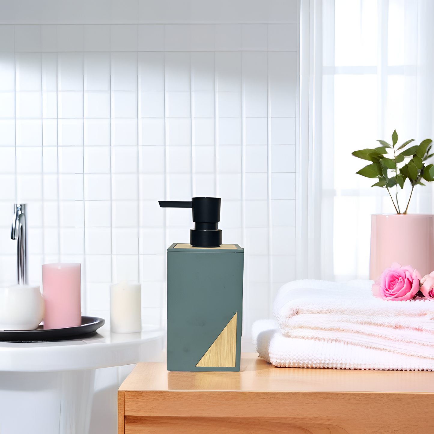 Modern Minimalist Soap Dispenser – Green with Bamboo Accent