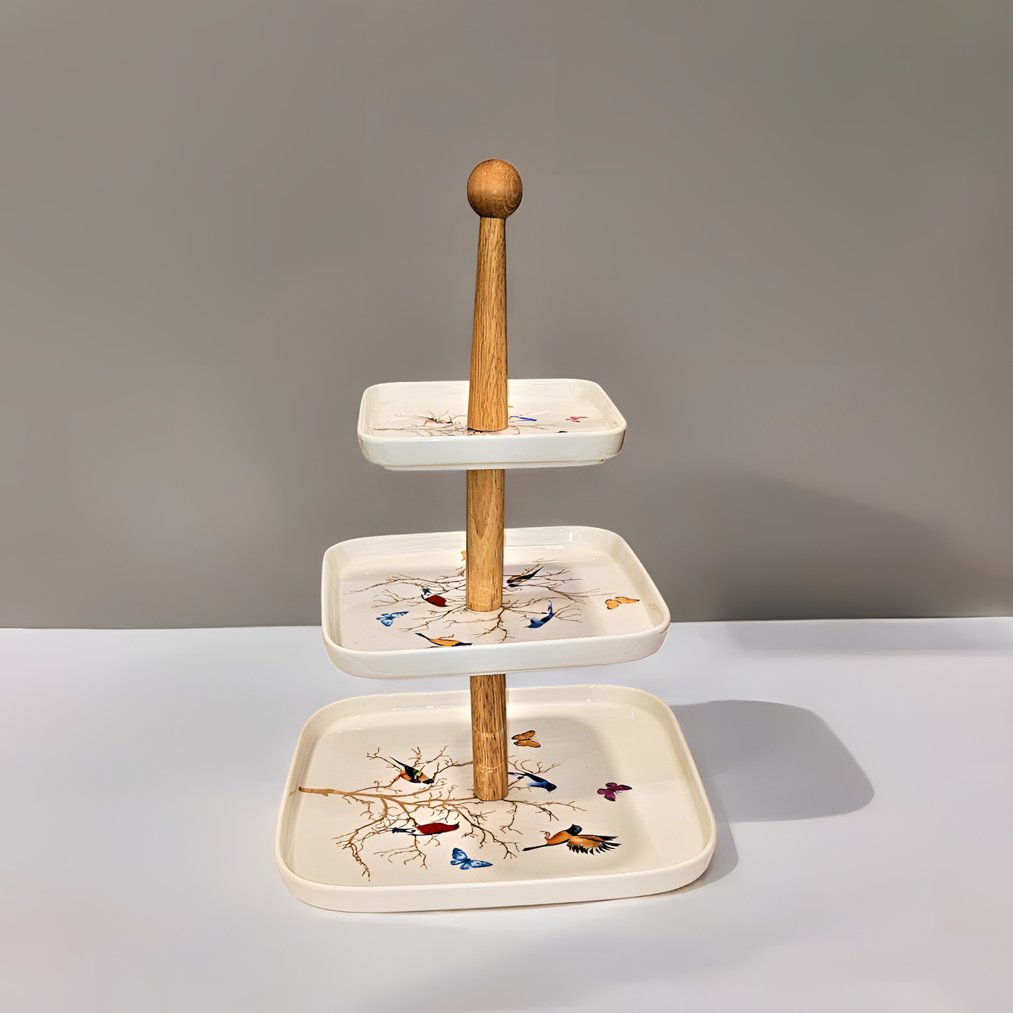 3 Tier Bamboo Serving Tray with Birds and Butterflies Design, Birds (WHITE SQUARE)