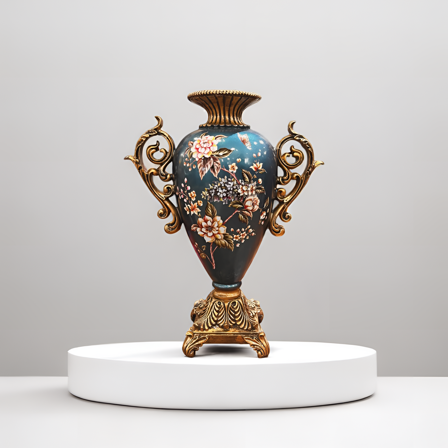 Floral Vase with Ornate Gold Handles - Decorative Vase