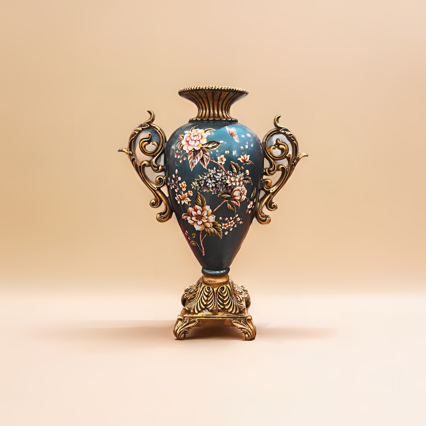 Floral Vase with Ornate Gold Handles - Decorative Vase