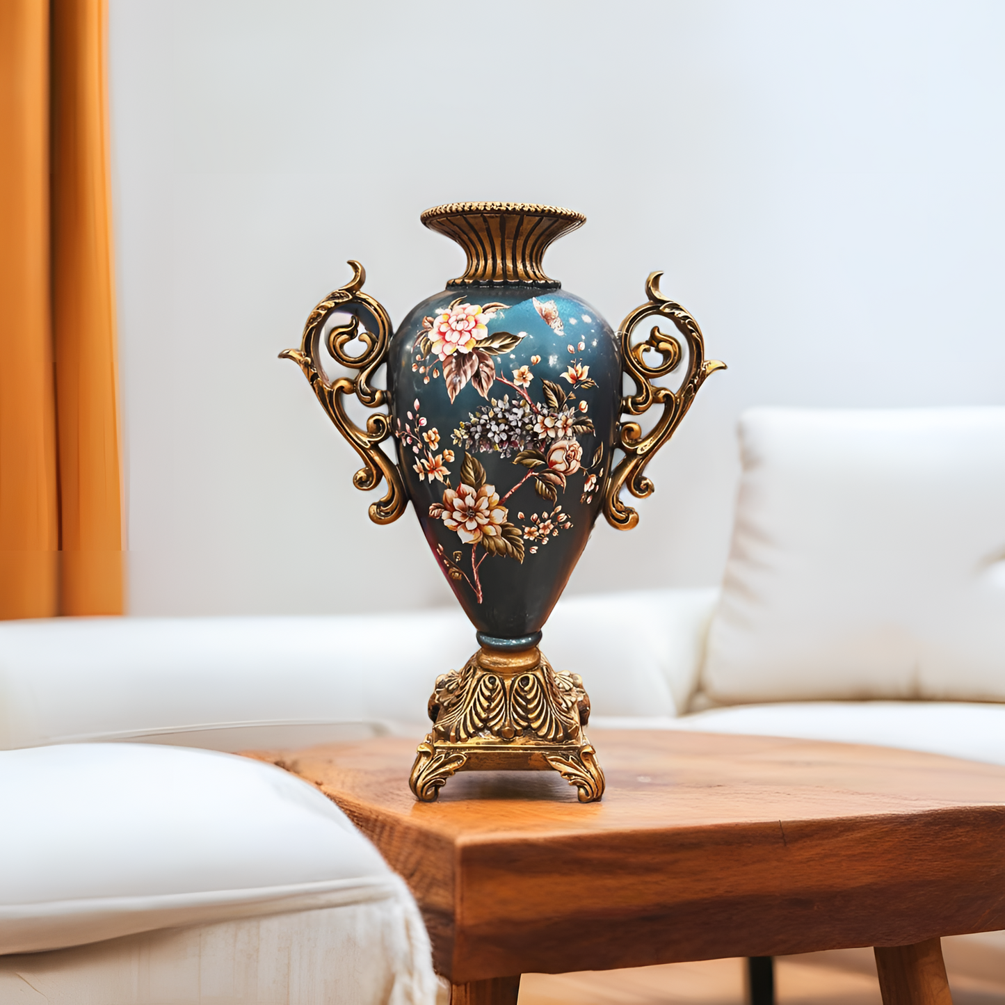 Floral Vase with Ornate Gold Handles - Decorative Vase
