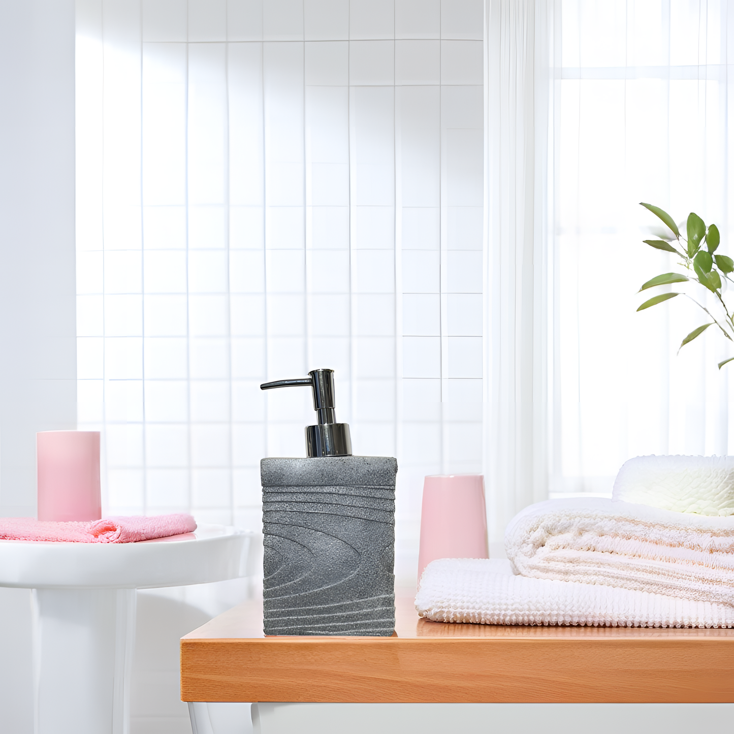 Textured Grey Resin Soap Dispenser with Chrome Pump