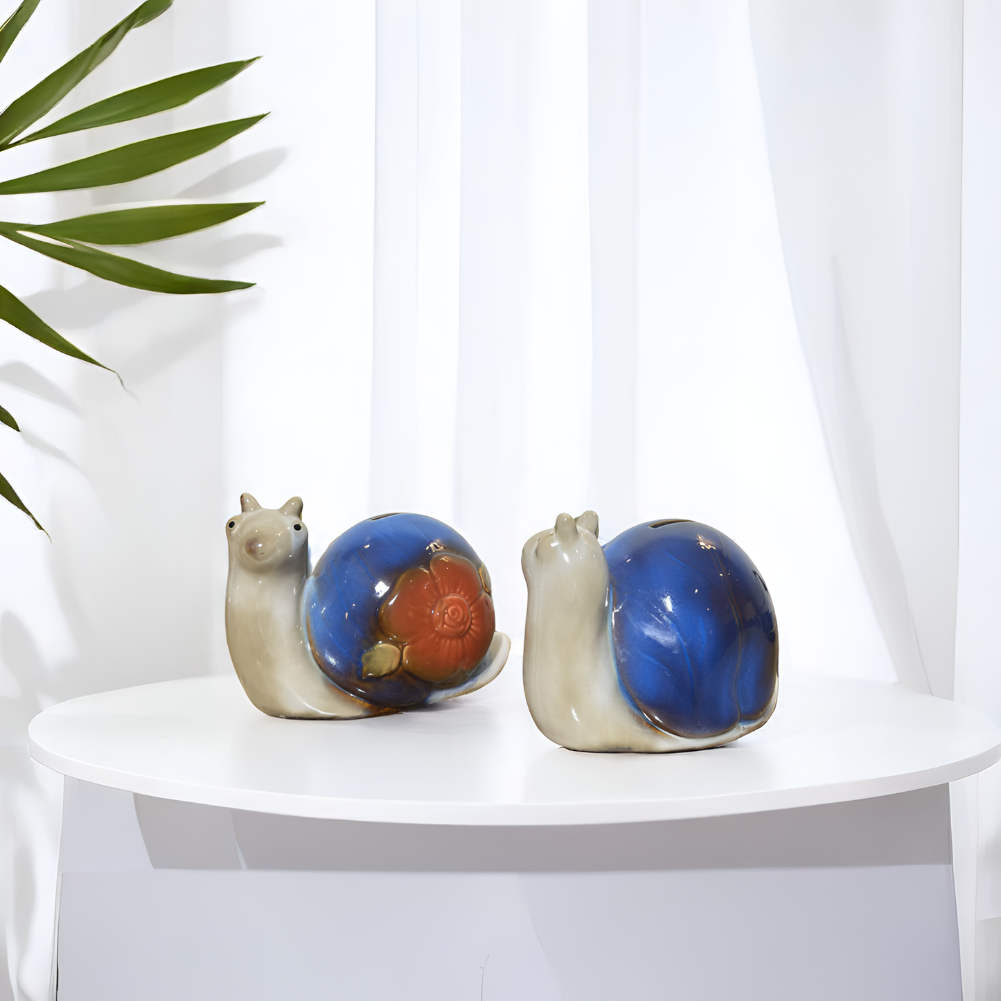 Whimsical Ceramic Snail Duo – Floral Shell Garden Figurines ( Set of 2 pieces )