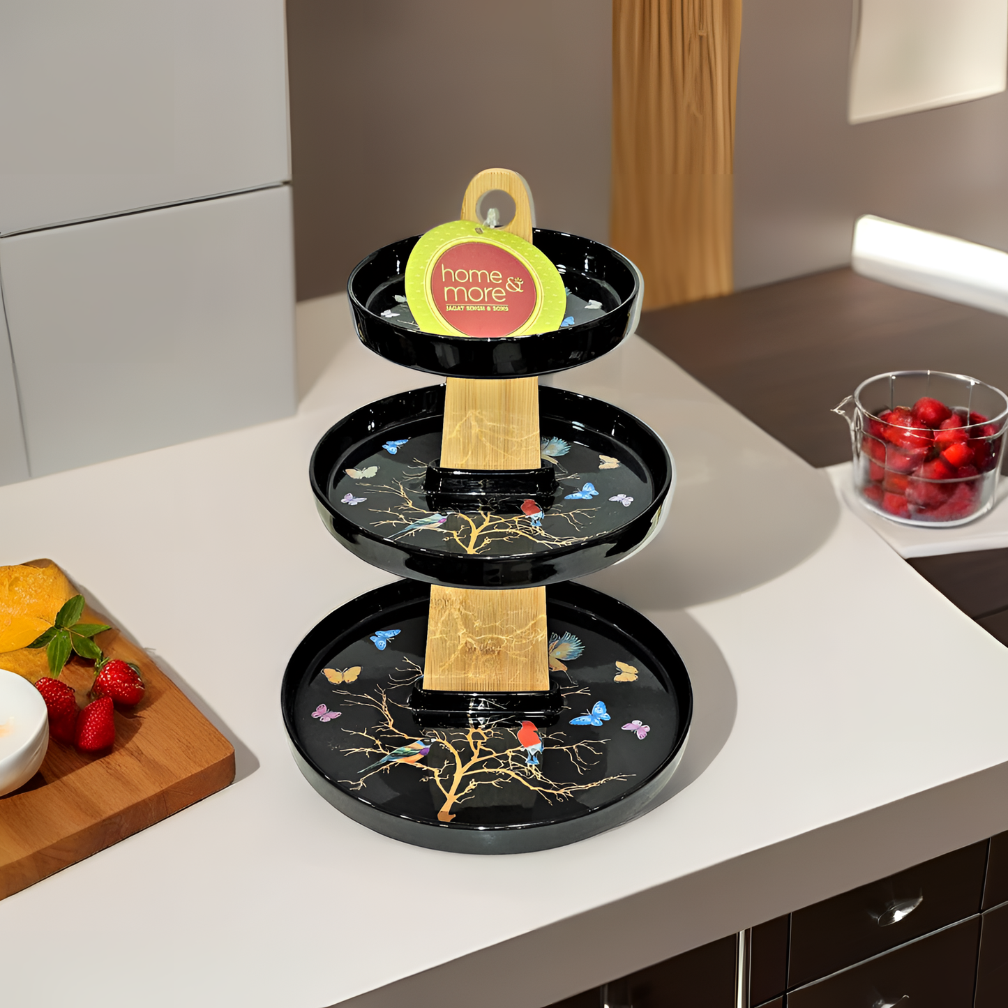3 Tier Bamboo Serving Tray with Birds and Butterflies Design, Birds (BLACK ROUND)