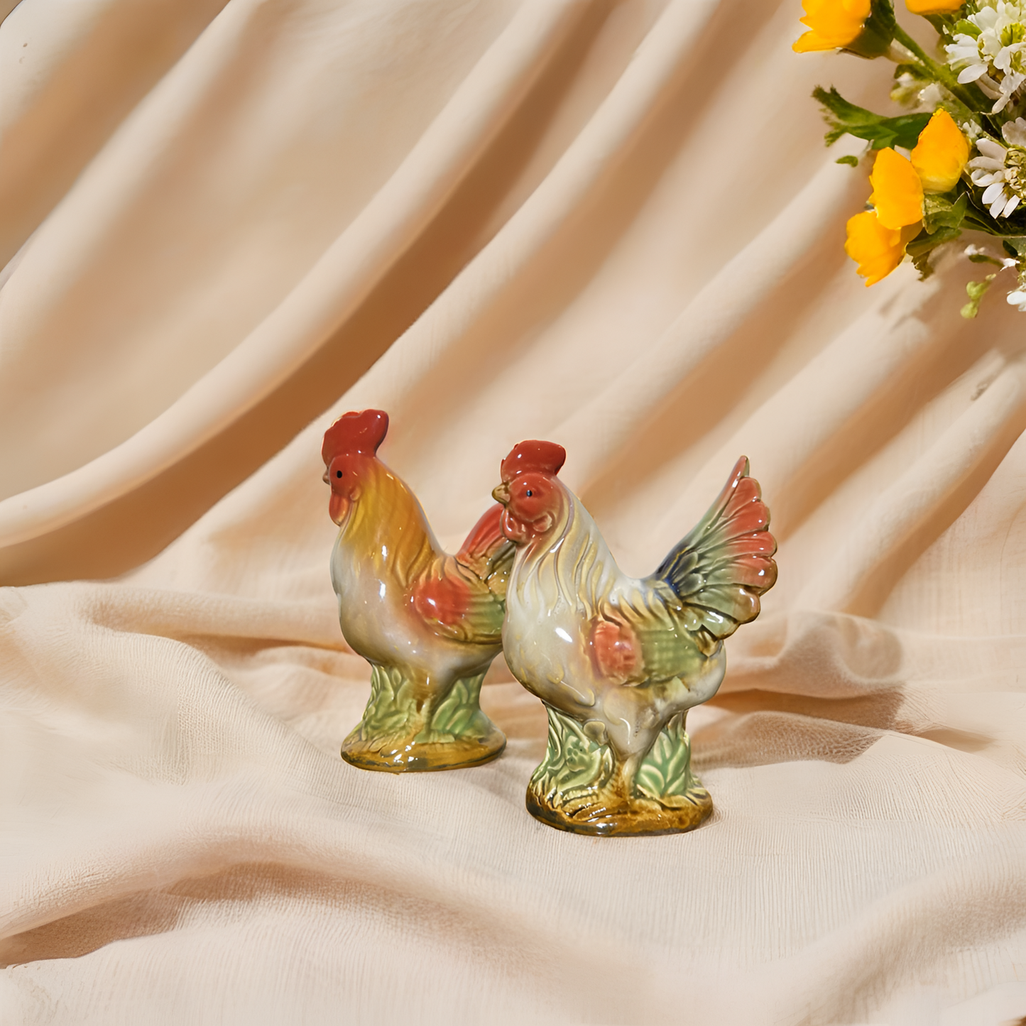 Ceramic Rooster & Hen Figurine - Set of 2 pieces ( Small )