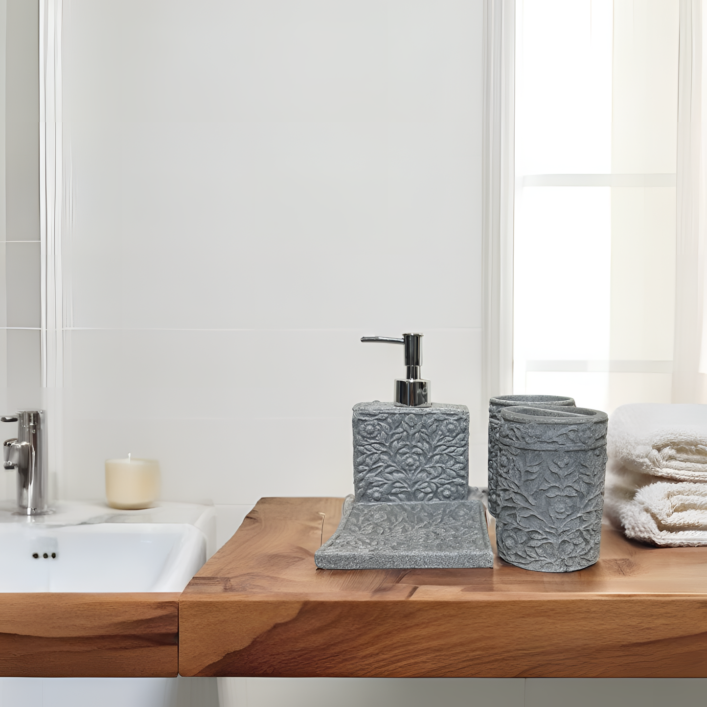 4-Piece Textured Grey Resin Bathroom Set
