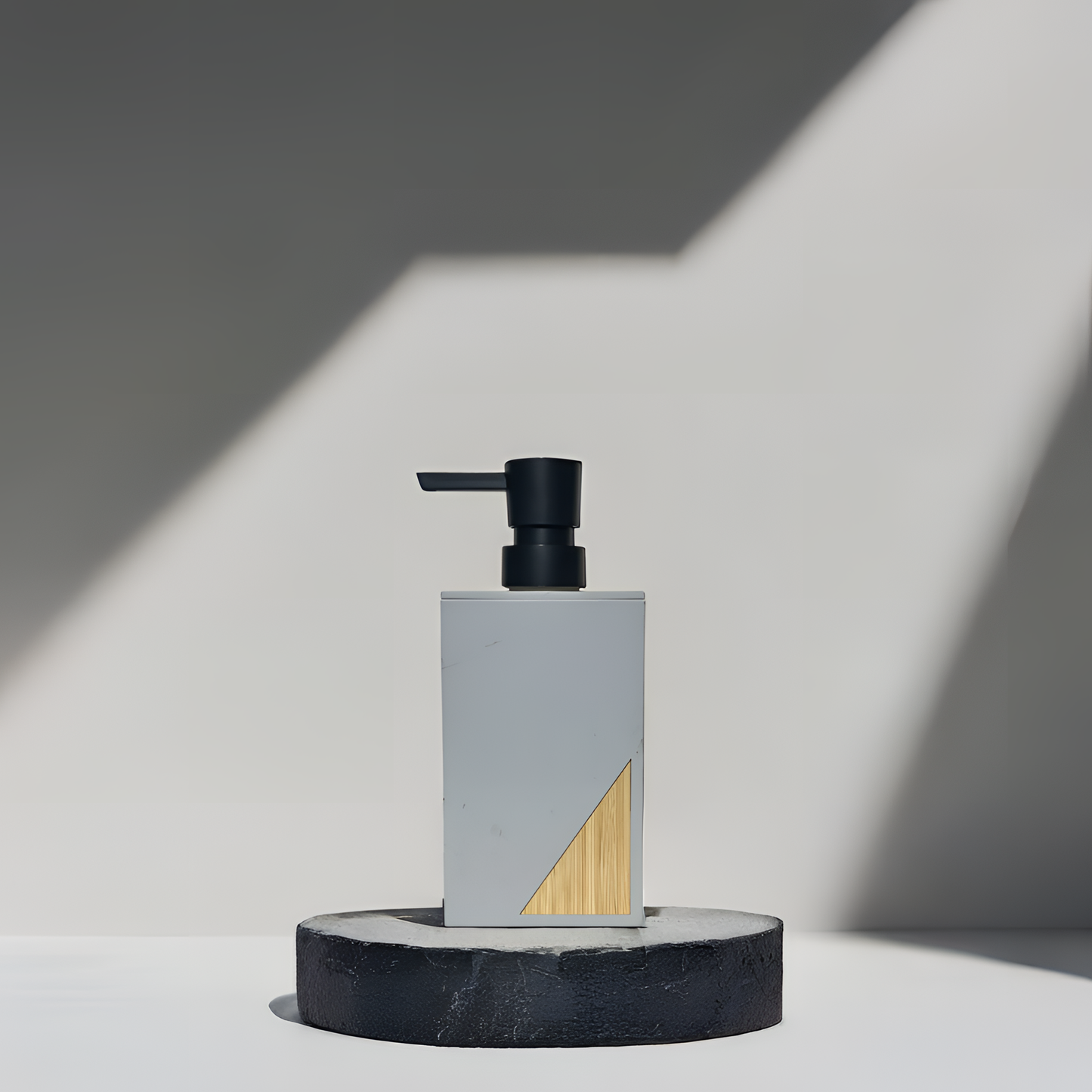 Modern Minimalist Soap Dispenser – Matte Grey with Bamboo Accent
