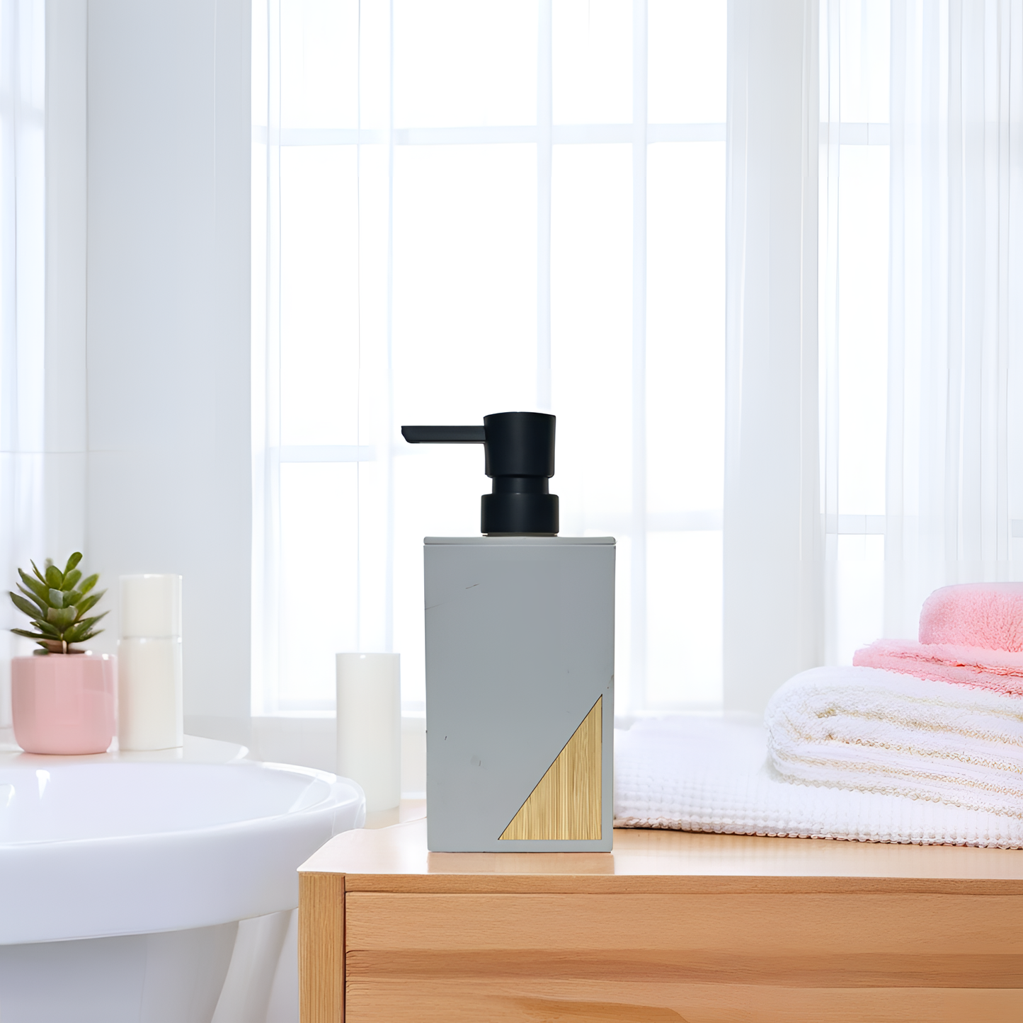 Modern Minimalist Soap Dispenser – Matte Grey with Bamboo Accent