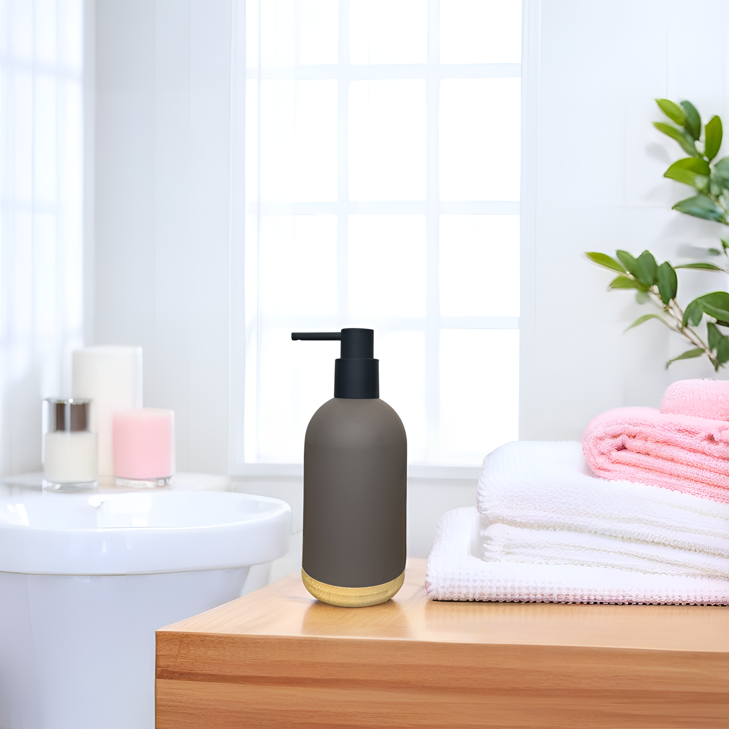 Contemporary Round Soap Dispenser – Mocha Matte with Bamboo Base