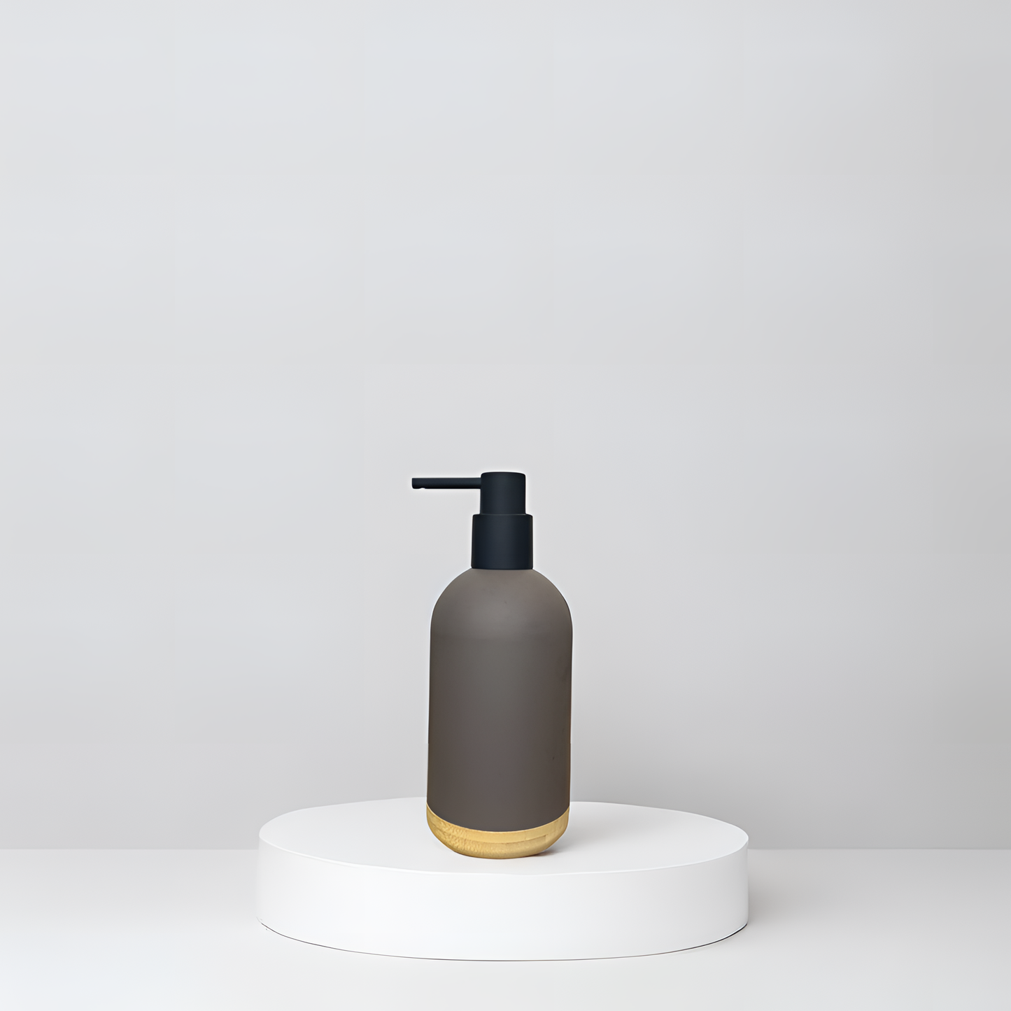 Contemporary Round Soap Dispenser – Mocha Matte with Bamboo Base