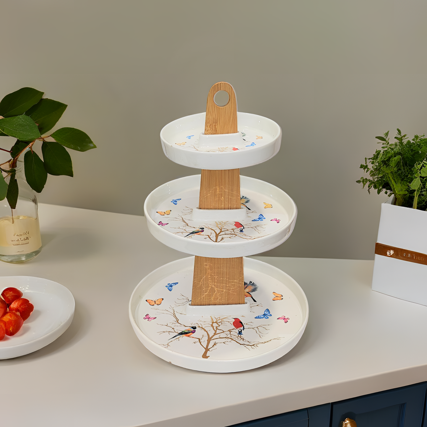 3 Tier Bamboo Serving Tray with Birds and Butterflies Design, Birds (WHITE ROUND)