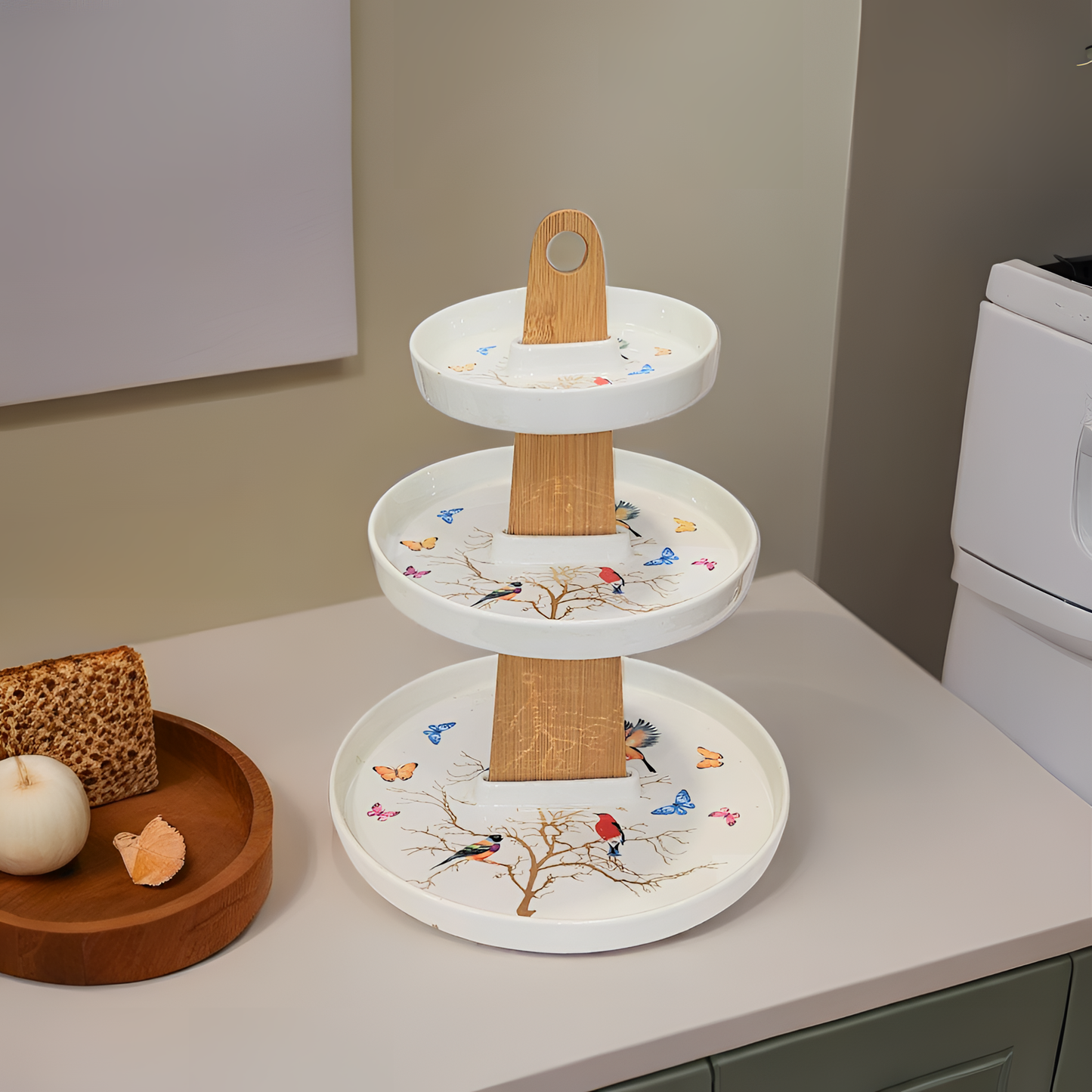 3 Tier Bamboo Serving Tray with Birds and Butterflies Design, Birds (WHITE ROUND)