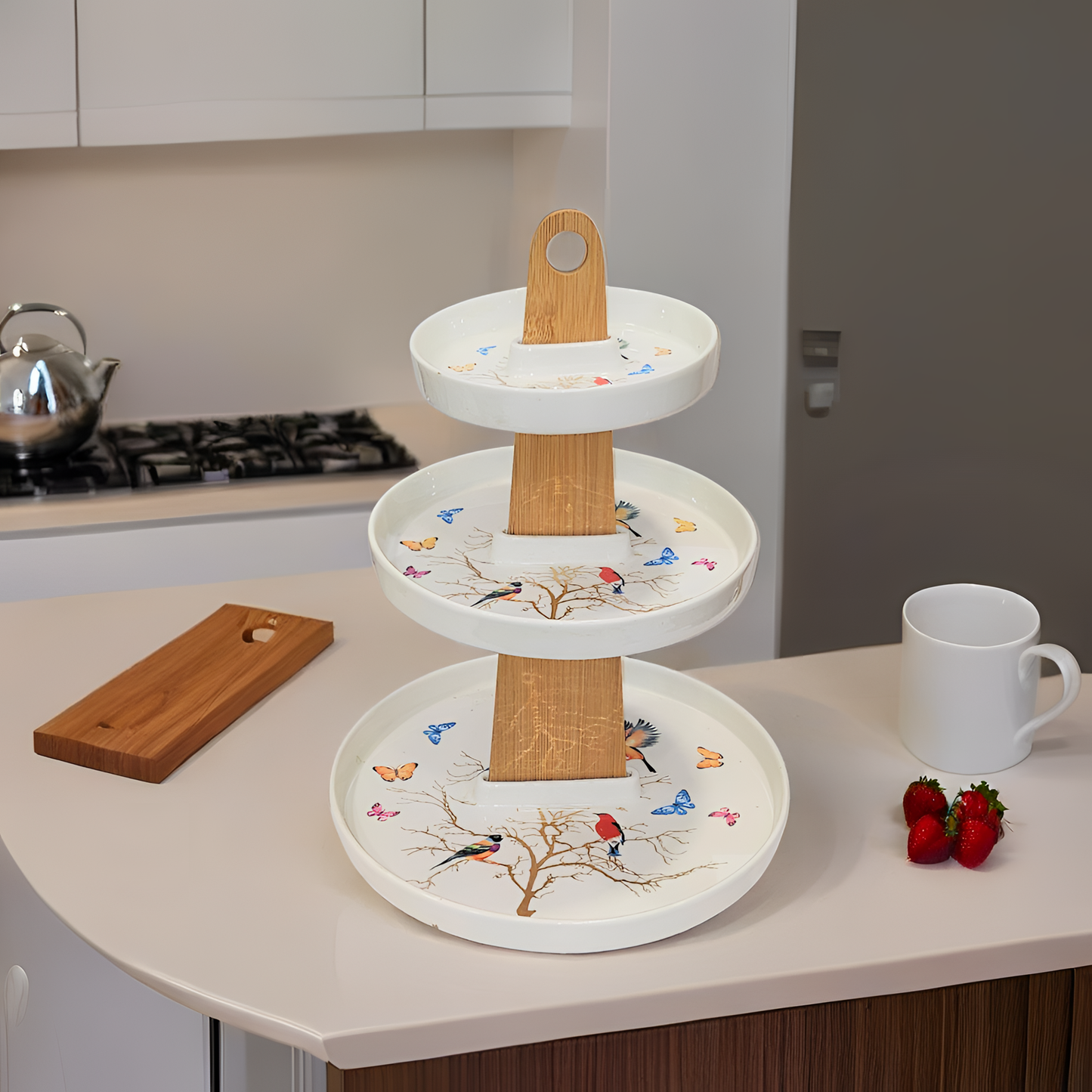 3 Tier Bamboo Serving Tray with Birds and Butterflies Design, Birds (WHITE ROUND)
