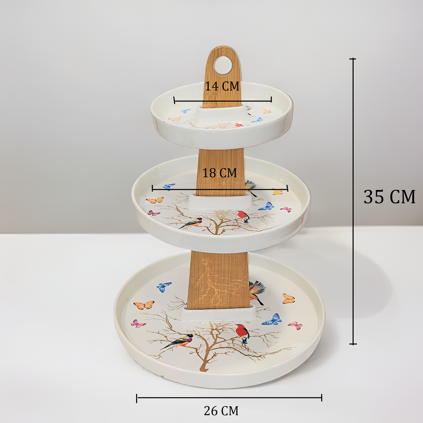 3 Tier Bamboo Serving Tray with Birds and Butterflies Design, Birds (WHITE ROUND)