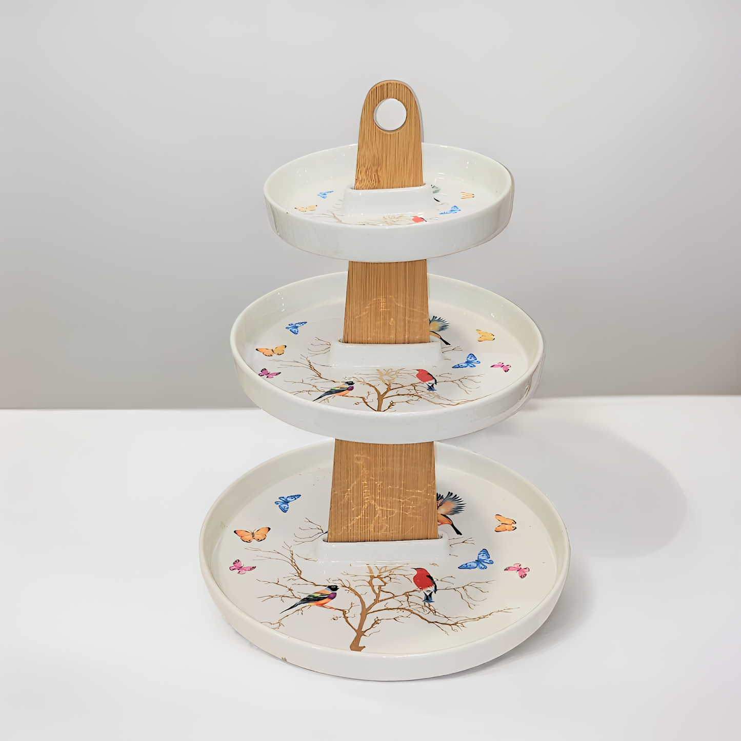3 Tier Bamboo Serving Tray with Birds and Butterflies Design, Birds (WHITE ROUND)