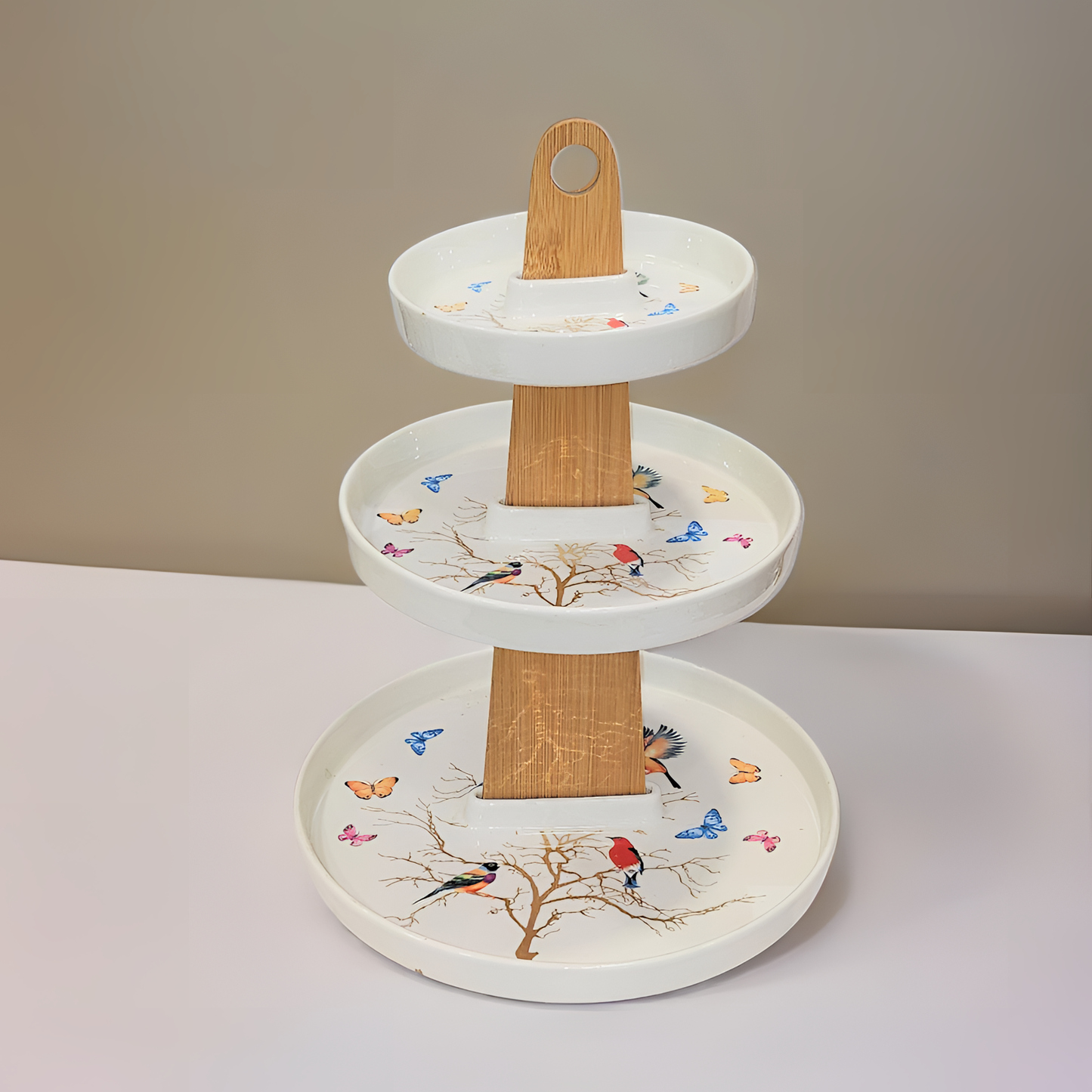 3 Tier Bamboo Serving Tray with Birds and Butterflies Design, Birds (WHITE ROUND)