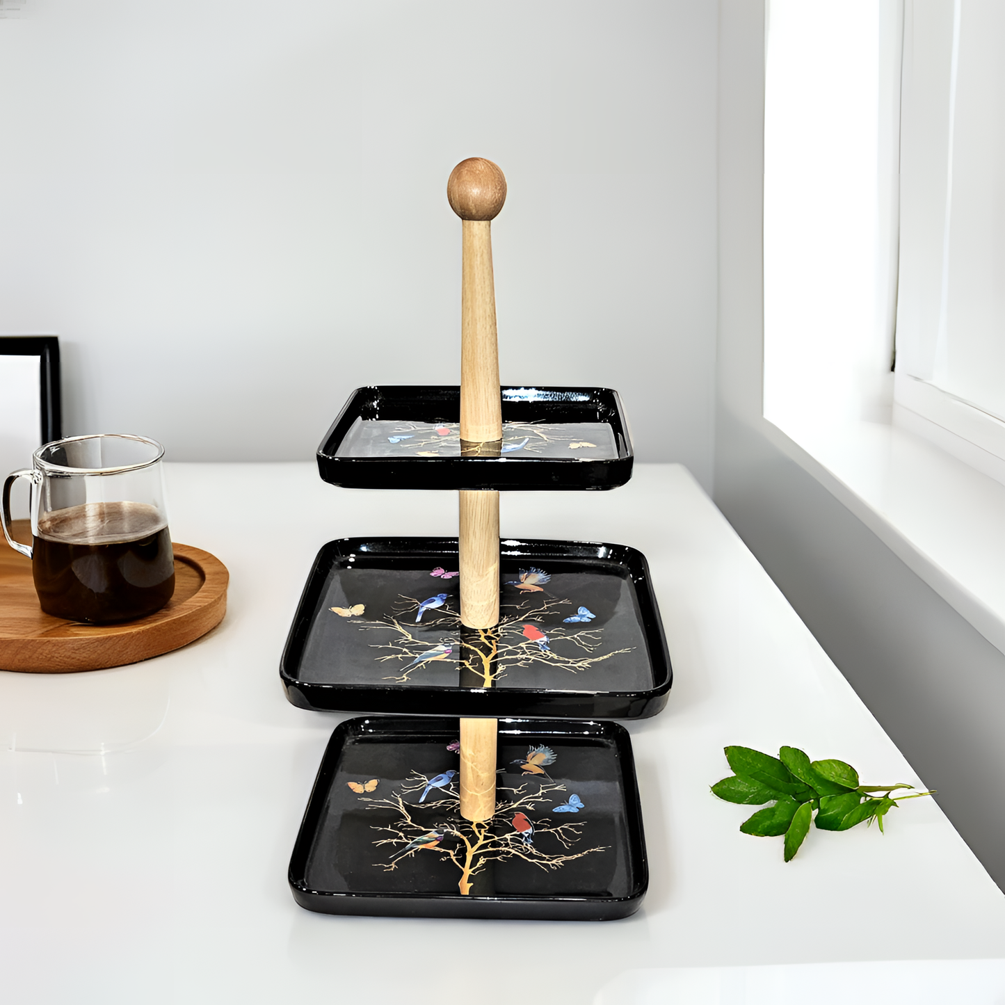 3 Tier Bamboo Serving Tray with Birds and Butterflies Design, Birds (BLACK SQUARE)