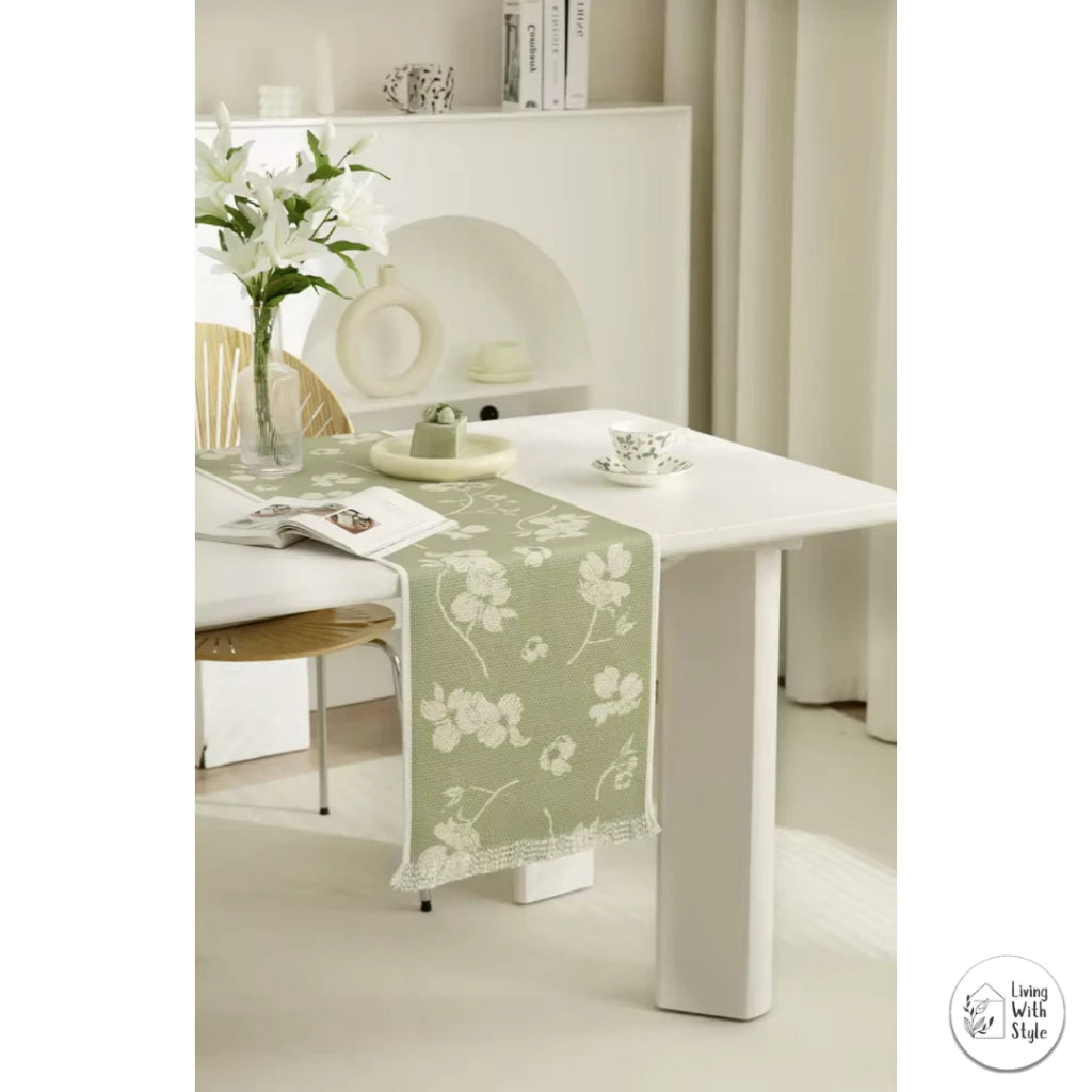 Green-Coloured Table Runner with Subtle Floral Pattern (6 seater)