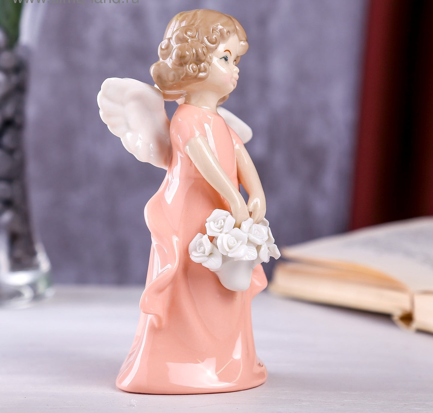 Elegant Ceramic Angel Figurine in Pink Dress with White Roses