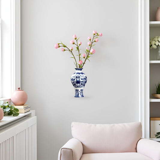 Blue and White Ceramic Small Wall Vase with Floral Oriental Design