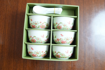 Coral Wildflower Ceramic Soup Bowl Set with Spoons and Gift Box