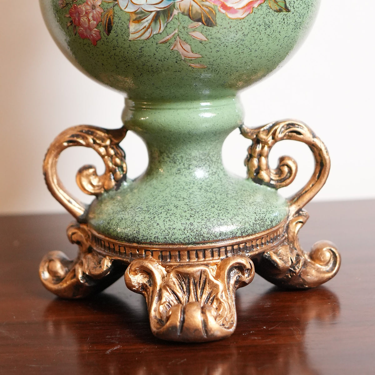 Sage Green Rose Ceramic Vase with Ornate Gold Rim, Handles & Pedestal