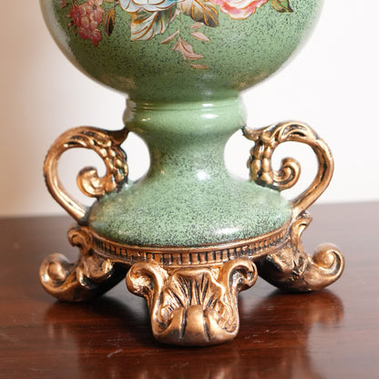 Sage Green Rose Ceramic Vase with Ornate Gold Rim, Handles & Pedestal