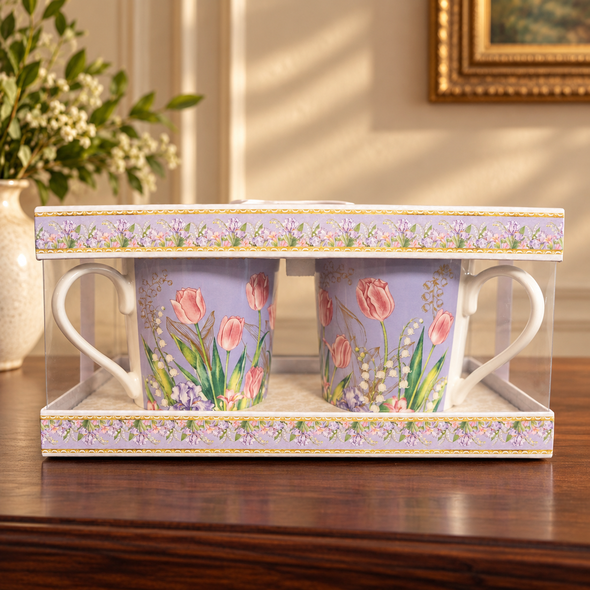 Lilac Tulip Ceramic Mug Set of 2 with Clear Gift Box