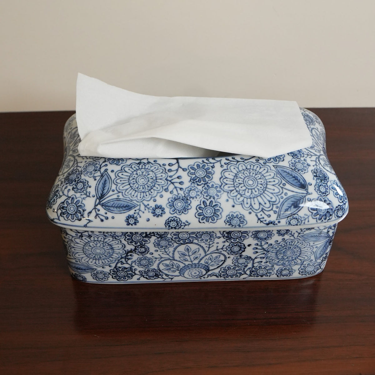 Blue Floral Medallion Ceramic Tissue Box