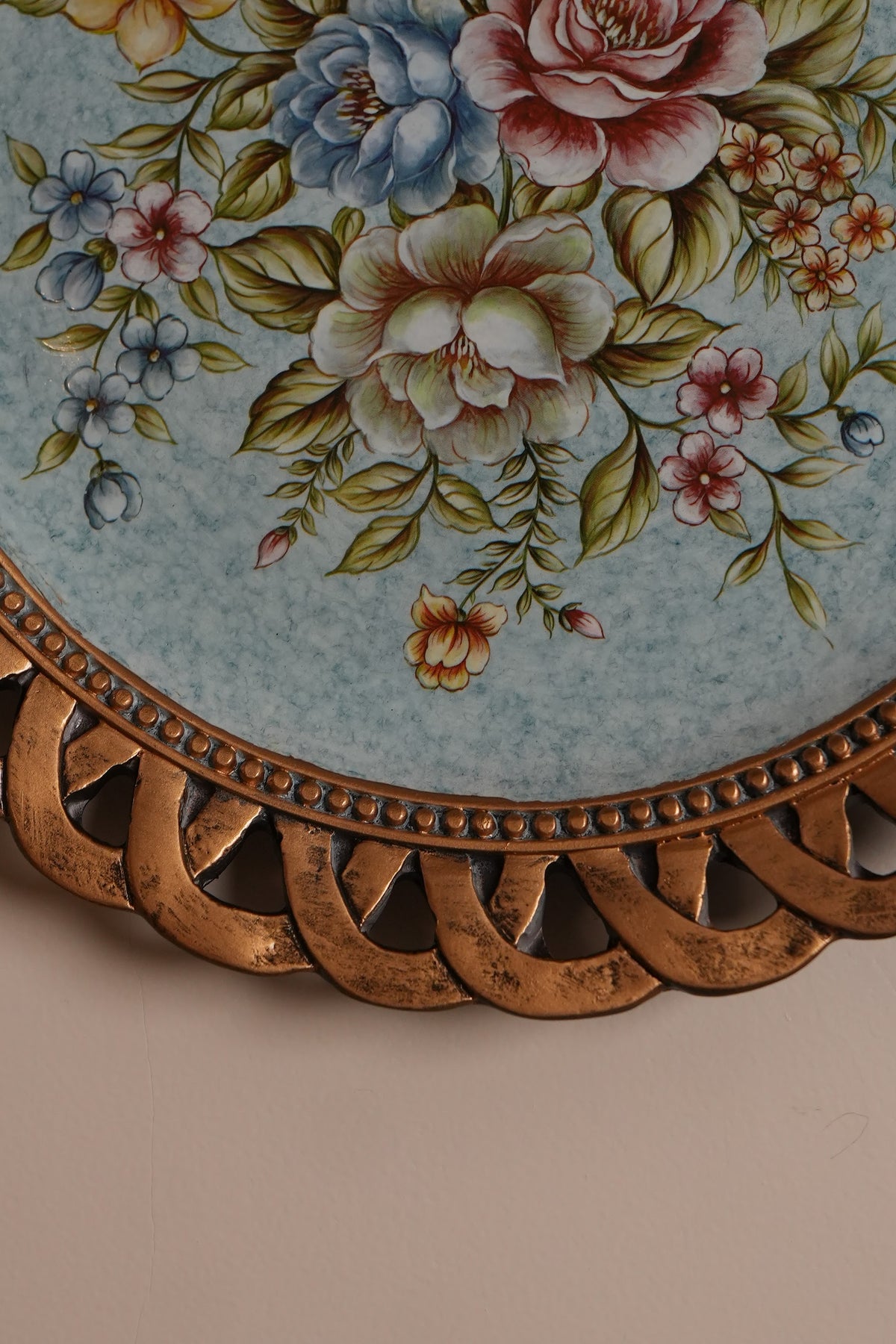 Sky Blue Floral Wall Plate with Bronze Lattice Rim