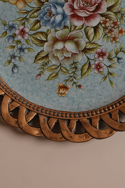 Sky Blue Floral Wall Plate with Bronze Lattice Rim