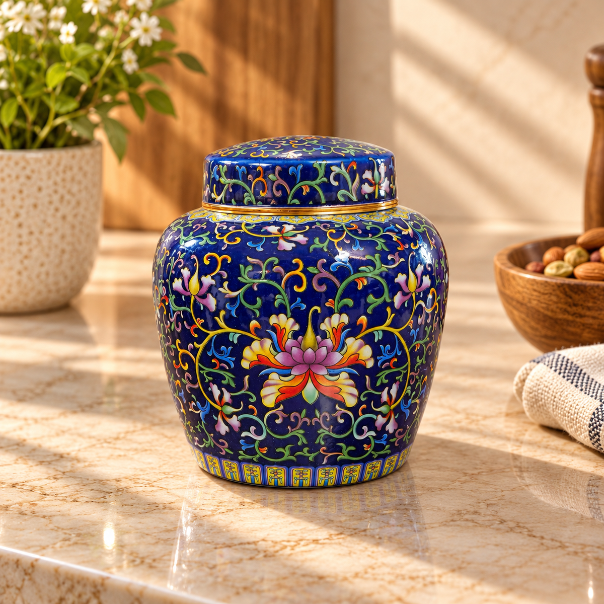 Cobalt Blue Enamel Lotus Ceramic Lidded Jar