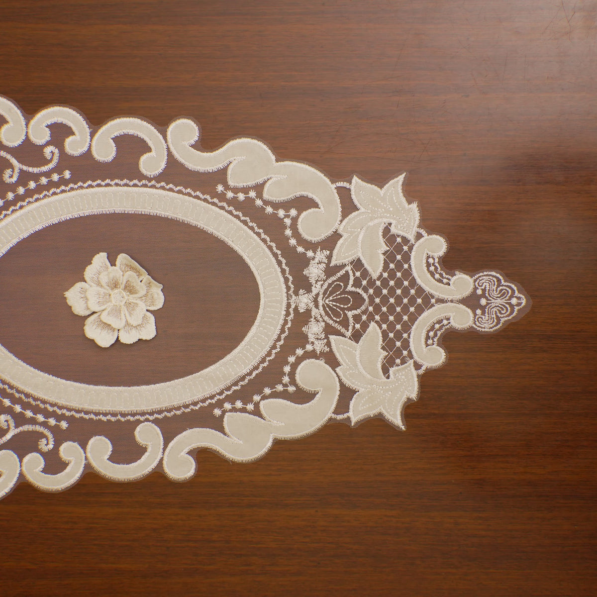 Ivory 3D Flower Oval Sheer Table Runner (Long)