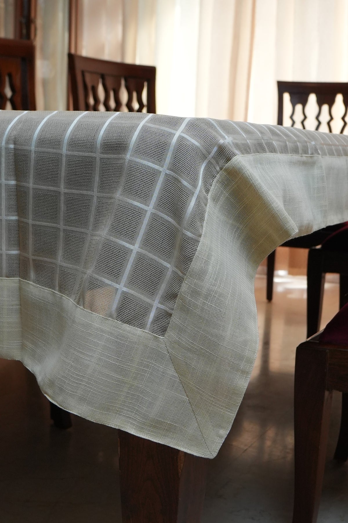 Taupe Windowpane Check Linen Table Sheet with Cream Border (6 Seater)