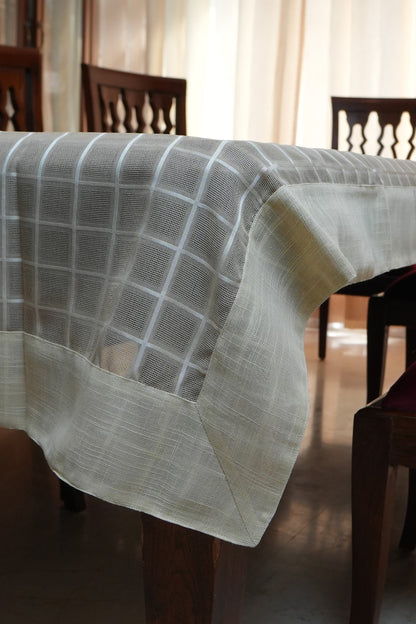 Taupe Windowpane Check Linen Table Sheet with Cream Border (6 Seater)